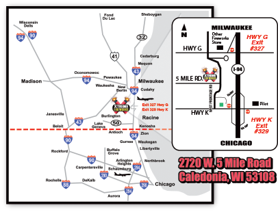 Best fireworks selection in Wis and Illinois, including Lake County, Gurnee, Wadsworth, Waukegan, Antioch, Gray's Lake, Crystal Lake,  Round Lake Beach, Lake Zurich, Vernon Hills, Kildeer, Mundelein, Buffalo Grove, Lake Forest, North Chicago