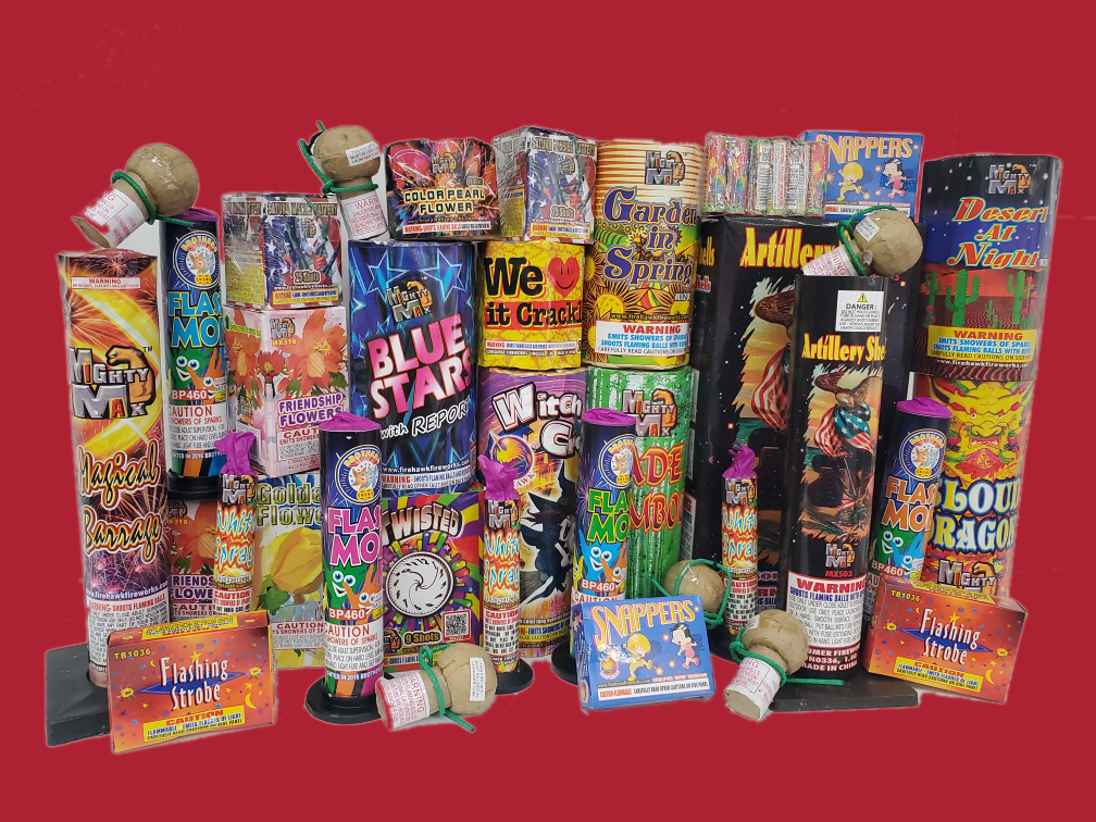 Xtreme Fireworks features assortment boxes including rockets, sparklers, and firecrackers, buy 1 get 1 free assortments, for July 4th celebrations with labels such as Mighty Max, Blue Stars, Friendship Flowers, Garden of Spring, and Desert at Night