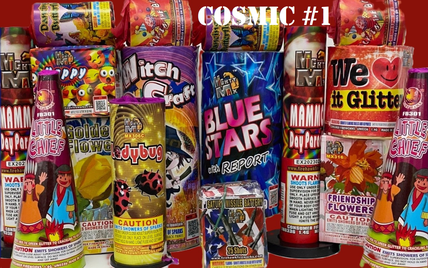 Xtreme Fireworks features assortment collections including rockets and firecrackers,  including 'Mighty Max', 'Blue Stars', 'We it Glitter', 'Little Chief', 'Golden Flower', 'Judybug', shop for premium fireworks and great deals