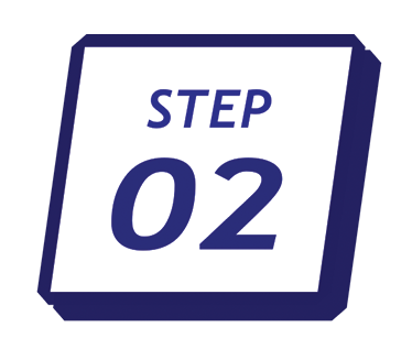 Step 02 label with text in navy blue on a white and dark blue background