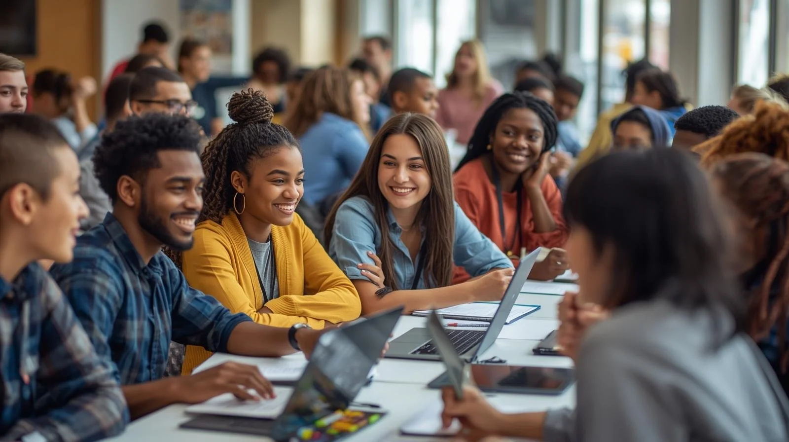 Group of diverse young adults sitting at tables with laptops and notebooks, smiling and engaging in discussion in a bright, modern space.
