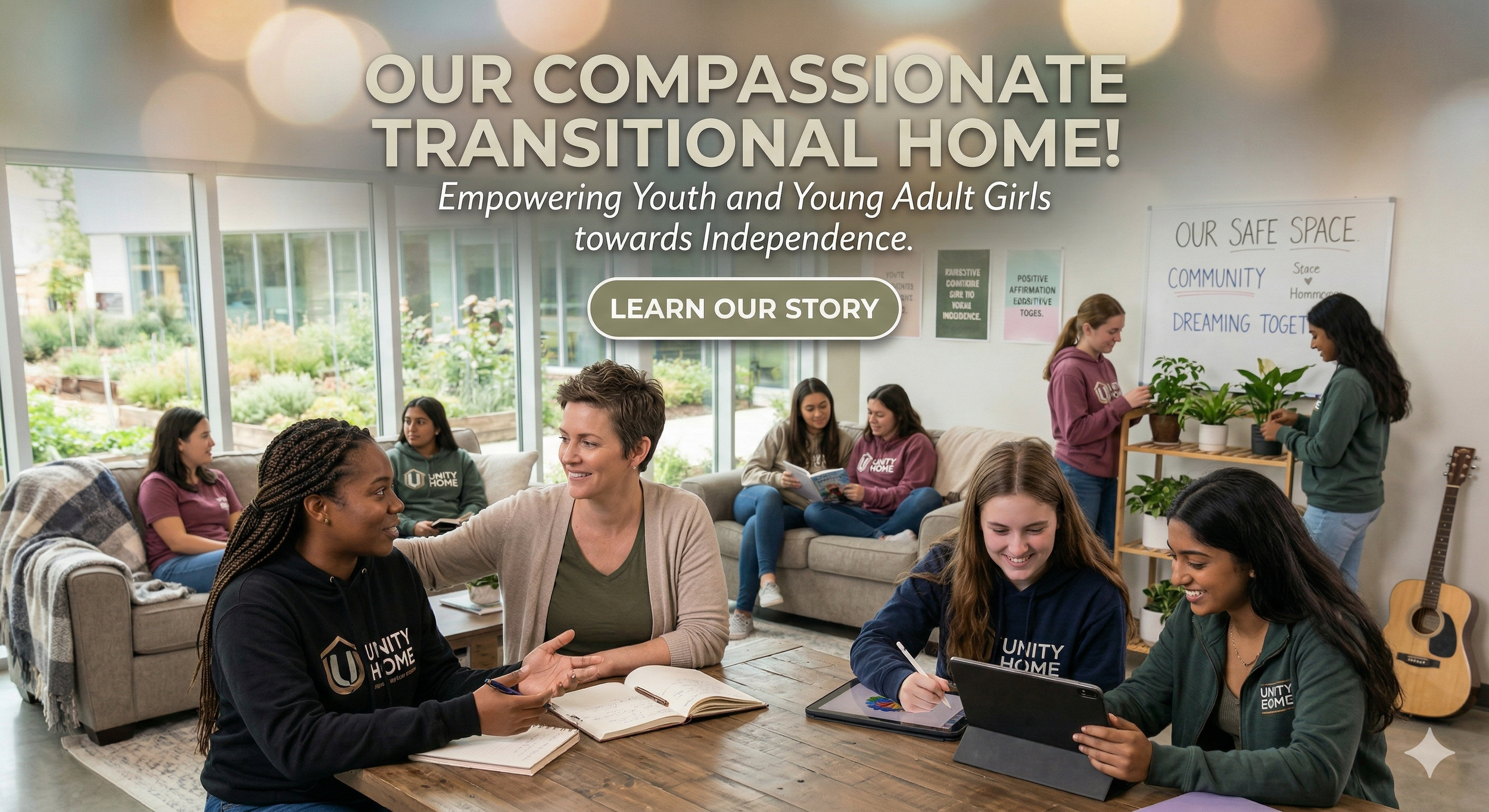 A group of young women and an adult woman in a community room, engaging in a discussion about independence and transition. Some are sitting on couches, others standing by a whiteboard with notes, surrounded by plants and musical instruments.