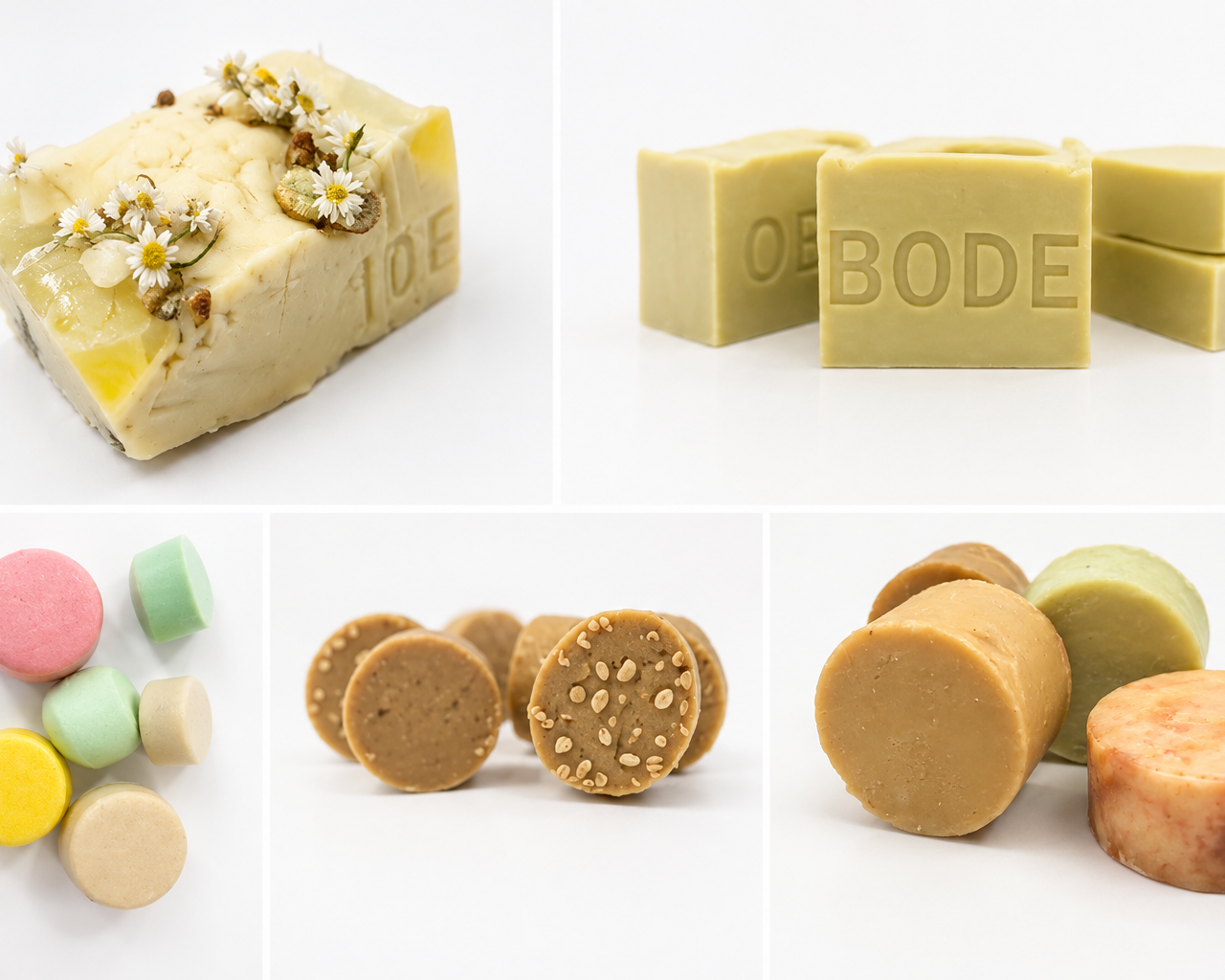 Four bars of soap in boxes with clear windows, each labeled with the word 'SOAP', arranged in a row.
