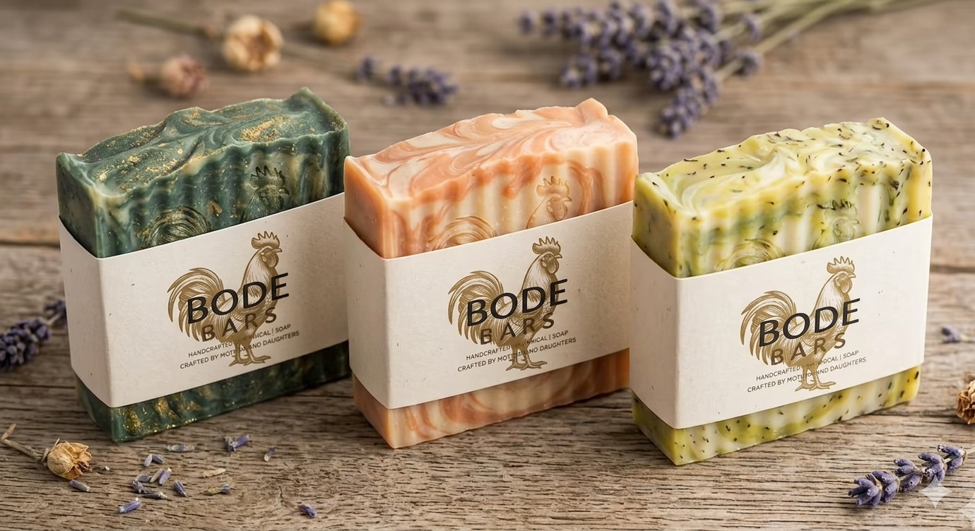 Three bars of handcrafted soap with different marbled colors and textures, labeled 'Bode Bars,' on a wooden surface with lavender sprigs and dried flowers in the background.