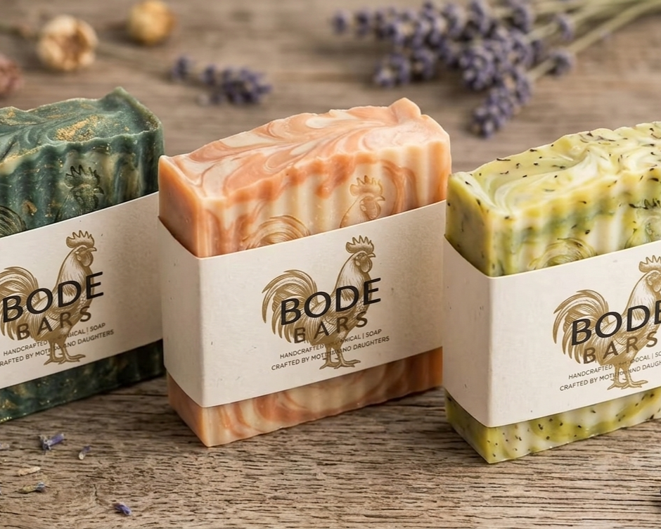 Three bars of handcrafted soap with different marbled colors and textures, labeled 'Bode Bars,' on a wooden surface with lavender sprigs and dried flowers in the background.