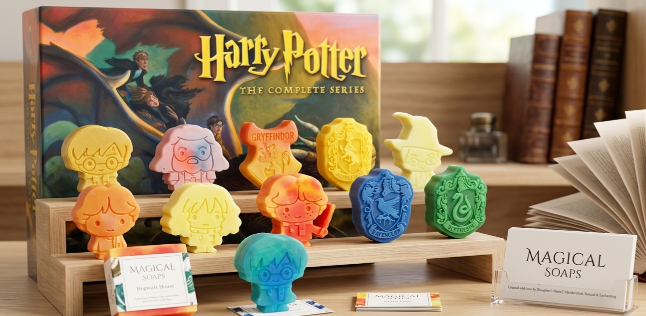 Harry Potter-themed soaps in character shapes from the complete series display, including characters and houses like Gryffindor, Ravenclaw, Hufflepuff, and Slytherin, on a wooden stand with Harry Potter book and informational cards.