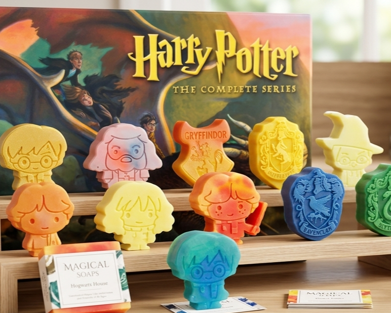 Harry Potter-themed soaps in character shapes from the complete series display, including characters and houses like Gryffindor, Ravenclaw, Hufflepuff, and Slytherin, on a wooden stand with Harry Potter book and informational cards.