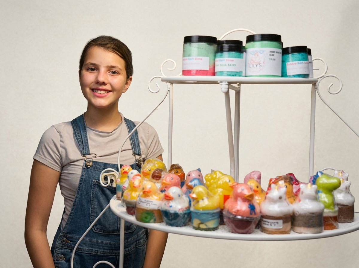 A young girl smiling next to a display of colorful soap figurines shaped like animals, with jars of slime on a tiered stand behind her.