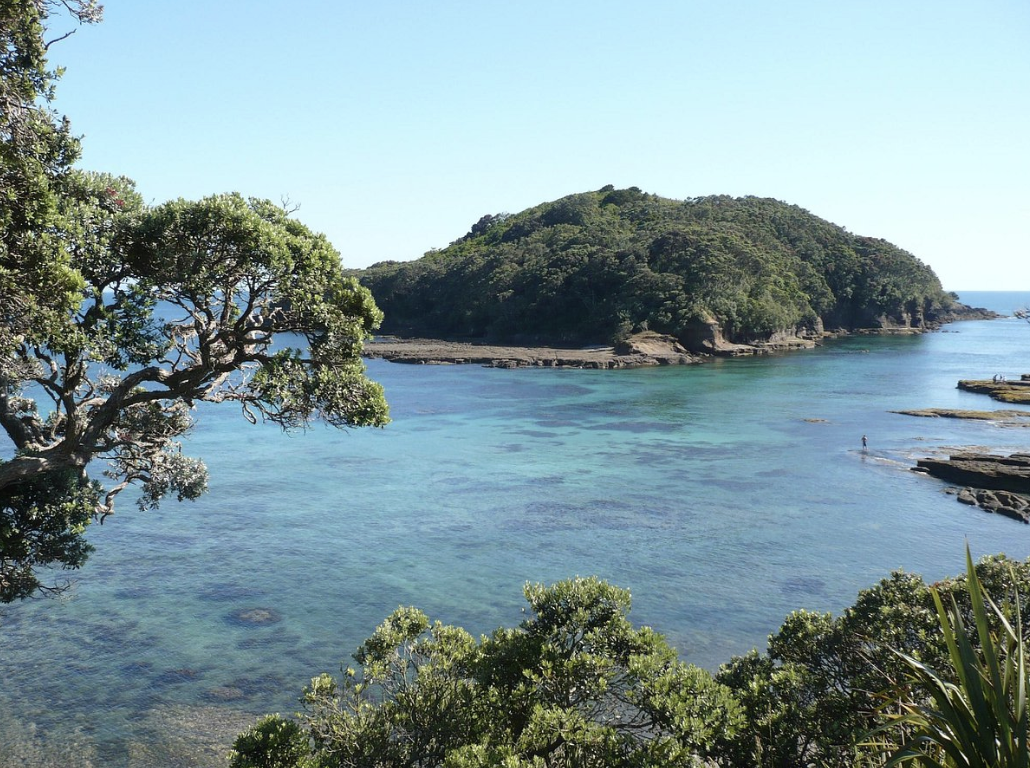 A serene coastal scene featuring a calm blue ocean with small islands and lush green trees under a clear sky.