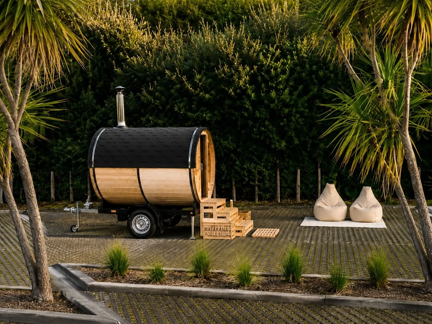 A mobile sauna trailer shaped like a barrel, parked on a paved area with steps leading up to the door. Two bean bag chairs on a white rug are nearby, surrounded by green plants and trees, with a backdrop of dense bushes.