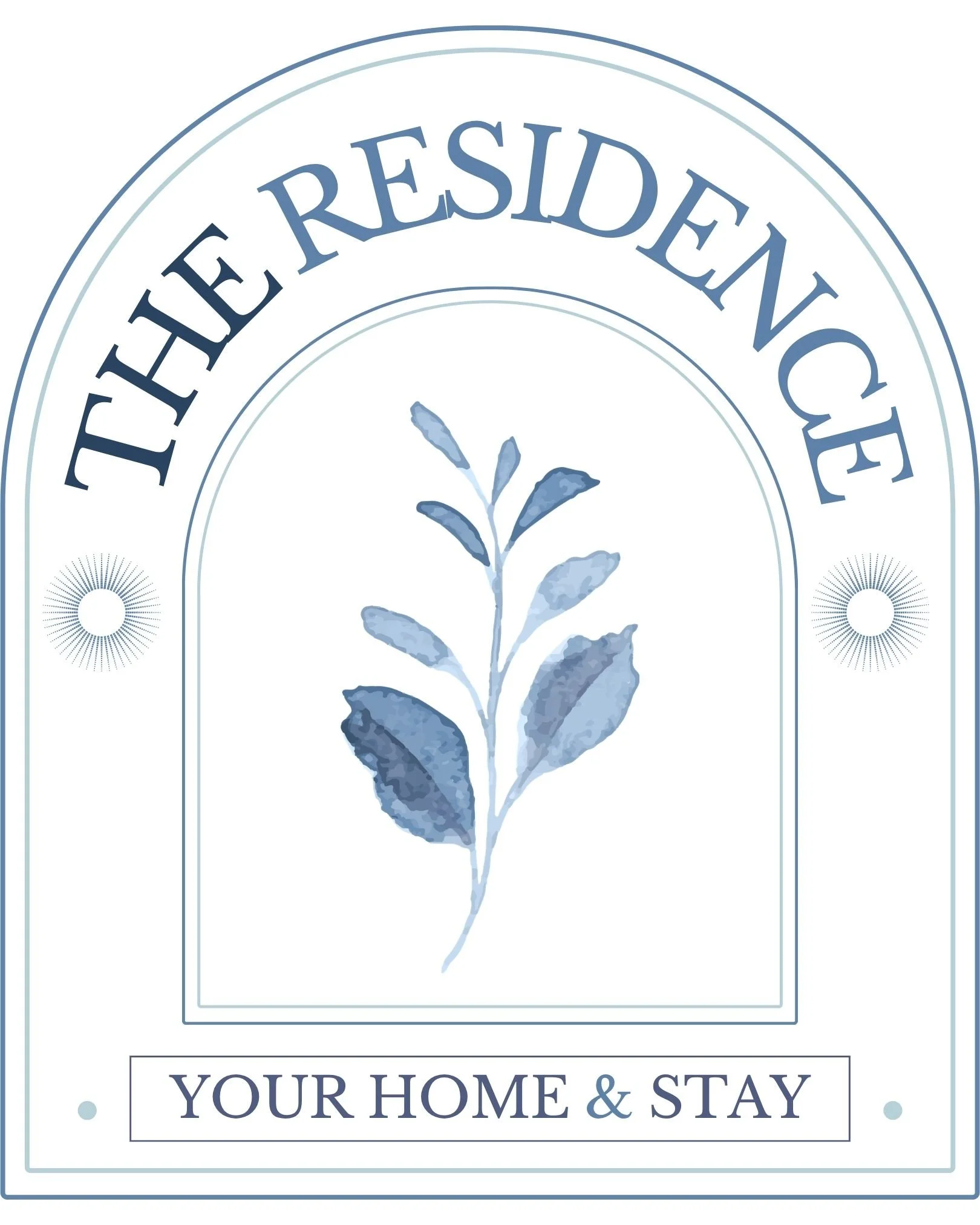 A logo featuring a watercolor illustration of a leafy branch in shades of blue. The text "The Resident Che" curves around the top, and the phrase "Your Home & Stay" appears at the bottom. The design is enclosed within a rounded rectangular border with decorative dots.