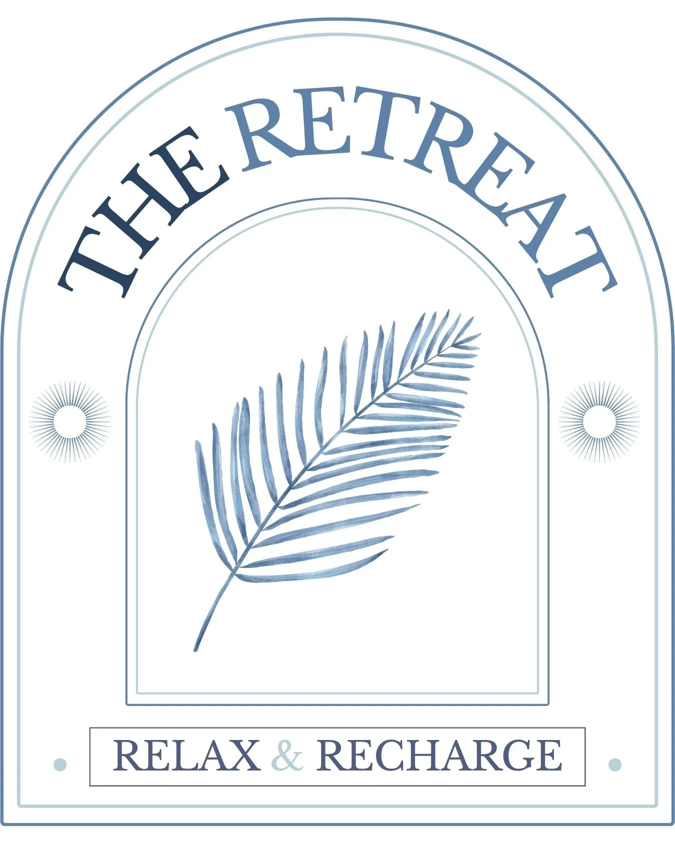 Design with the words 'Take Retreat' at the top, a blue palm leaf illustration in the center, and the words 'Relax & Recharge' at the bottom, creating a calming, spa-like aesthetic.