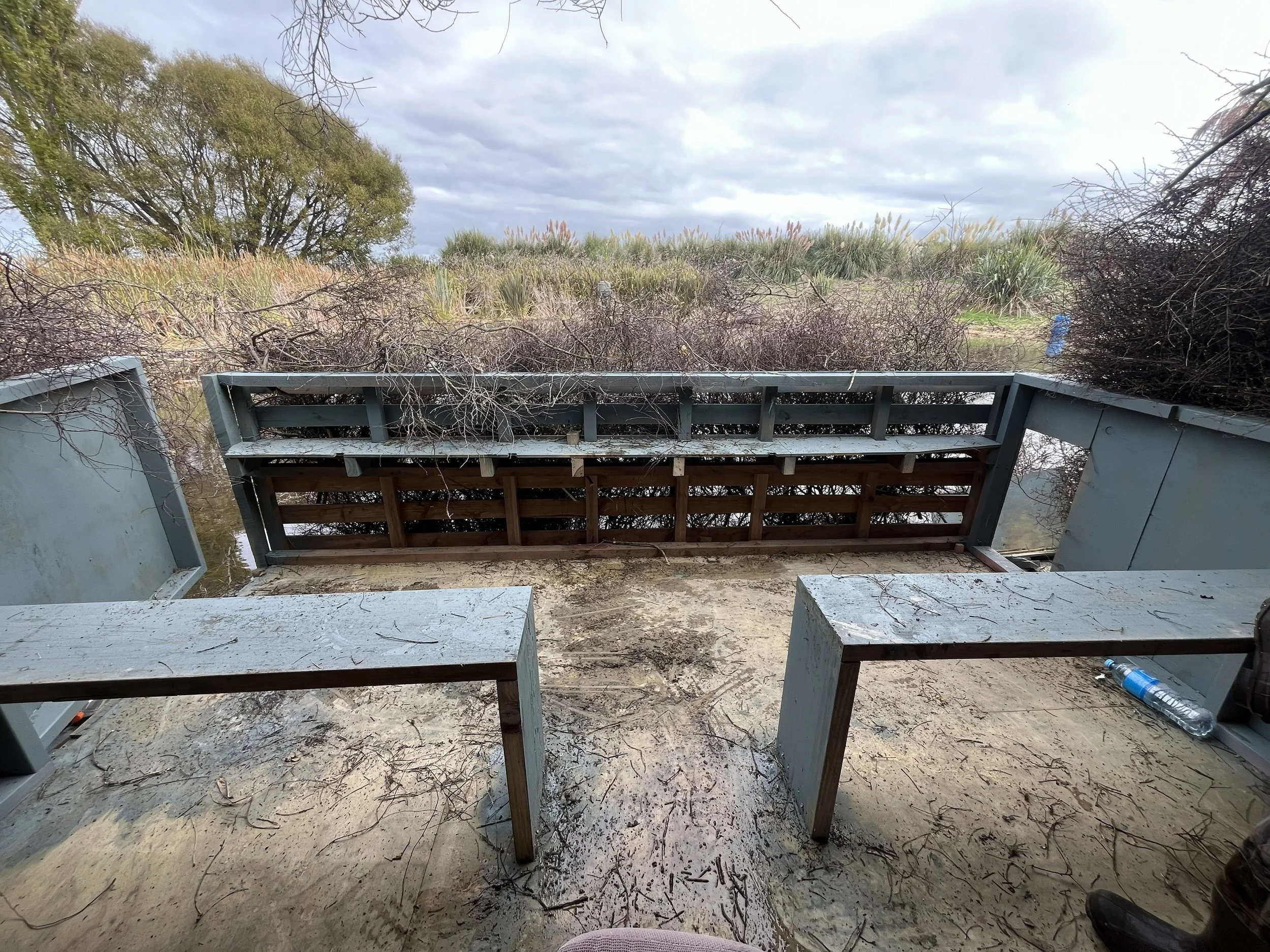 View from an unfinished or damaged deck overlooking a natural landscape with trees, shrubs, and cloudy sky.