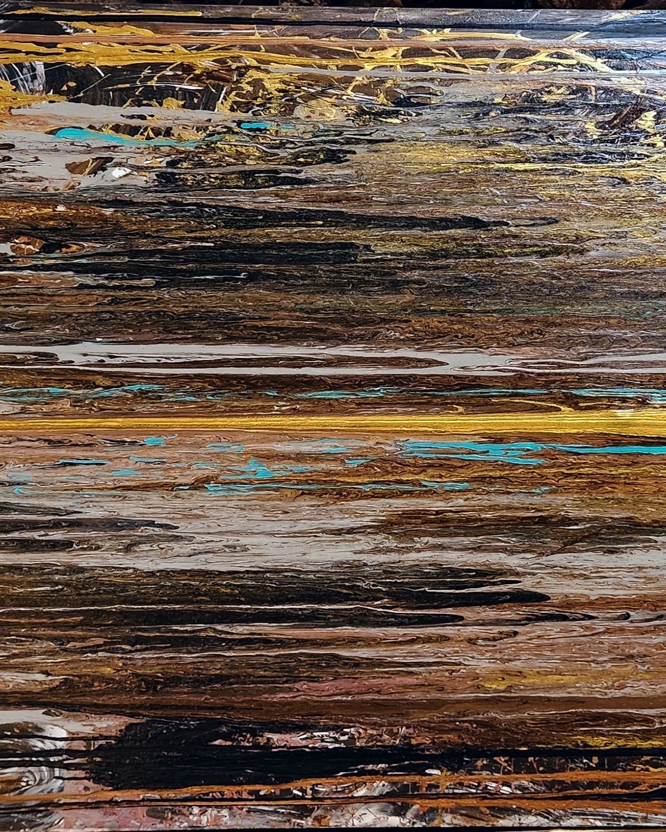 Abstract painting with horizontal streaks of brown, black, yellow, gray, and splashes of blue.
For sale on debwestman.com