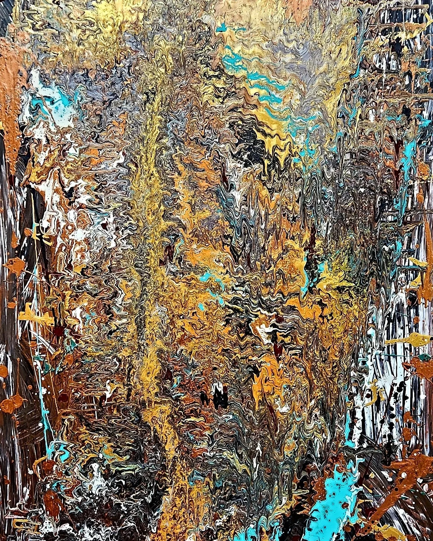 Abstract expressionist painting with swirling patterns in yellow, black, white, brown, blue, and hints of other colors for sale on debwestman.com