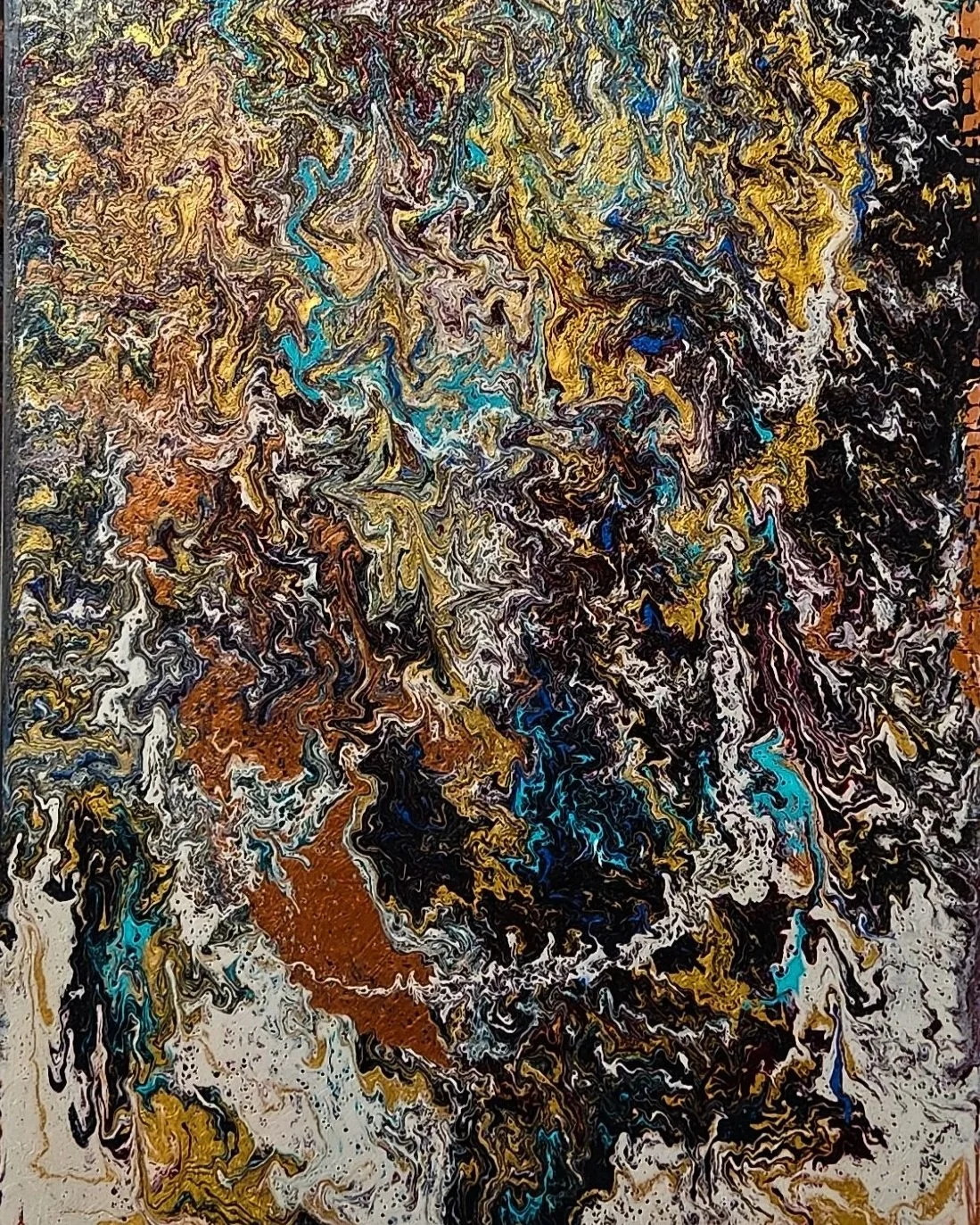 Deb Westman Abstract painting with swirling colors including black, white, yellow, brown, blue, and hints of other colors, creating a marbled appearance.