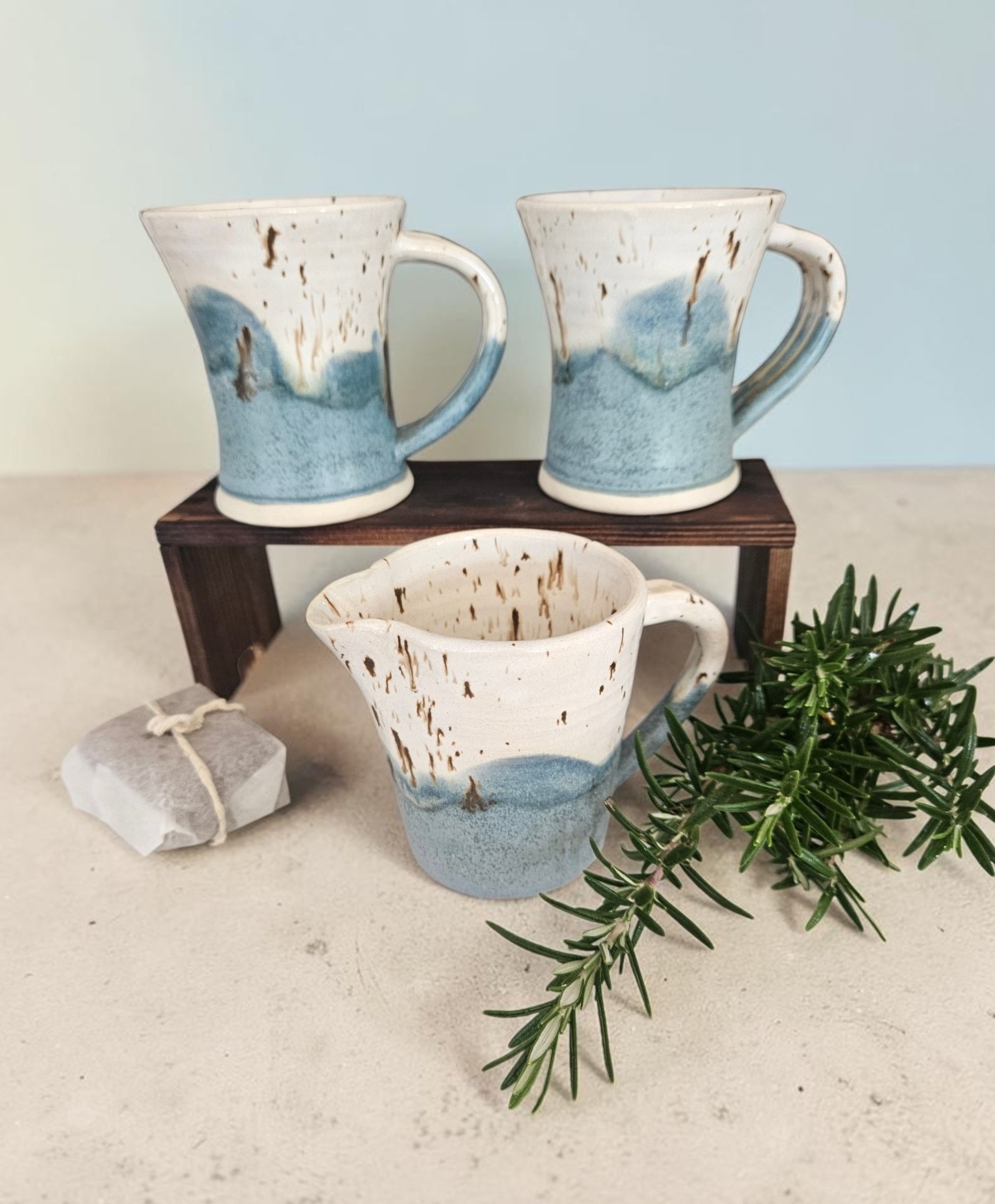 Ombre, Blue, Stoneware Coffee Mug set with milk jug - Wheel Thrown.