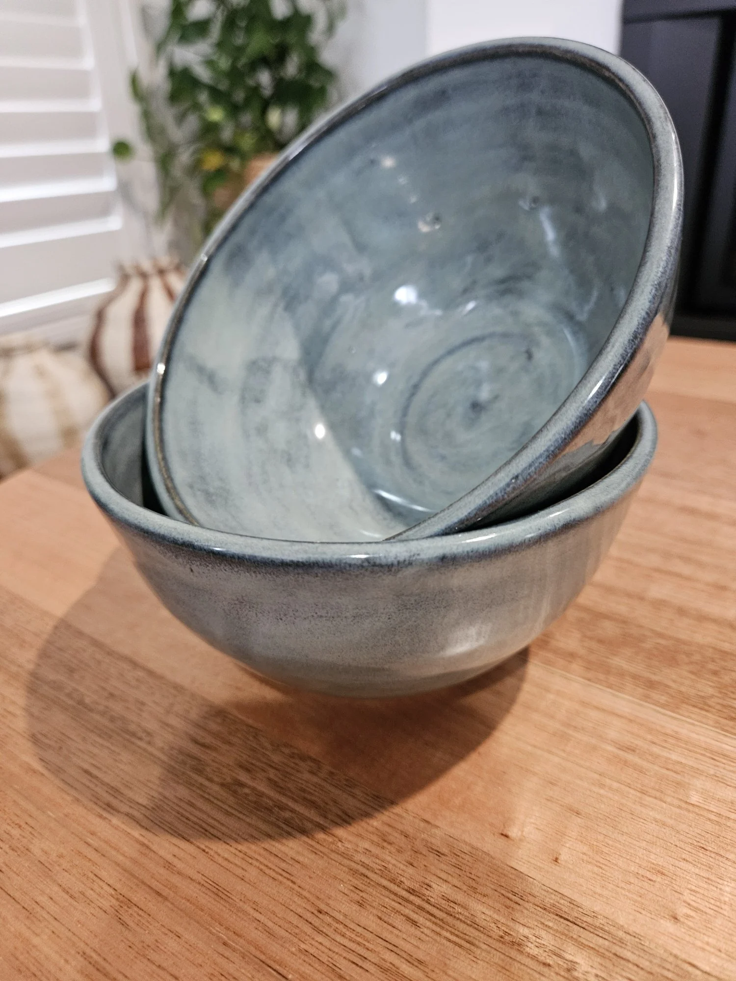 Blue Denim Noodle Bowls. Stoneware Wheel Thrown