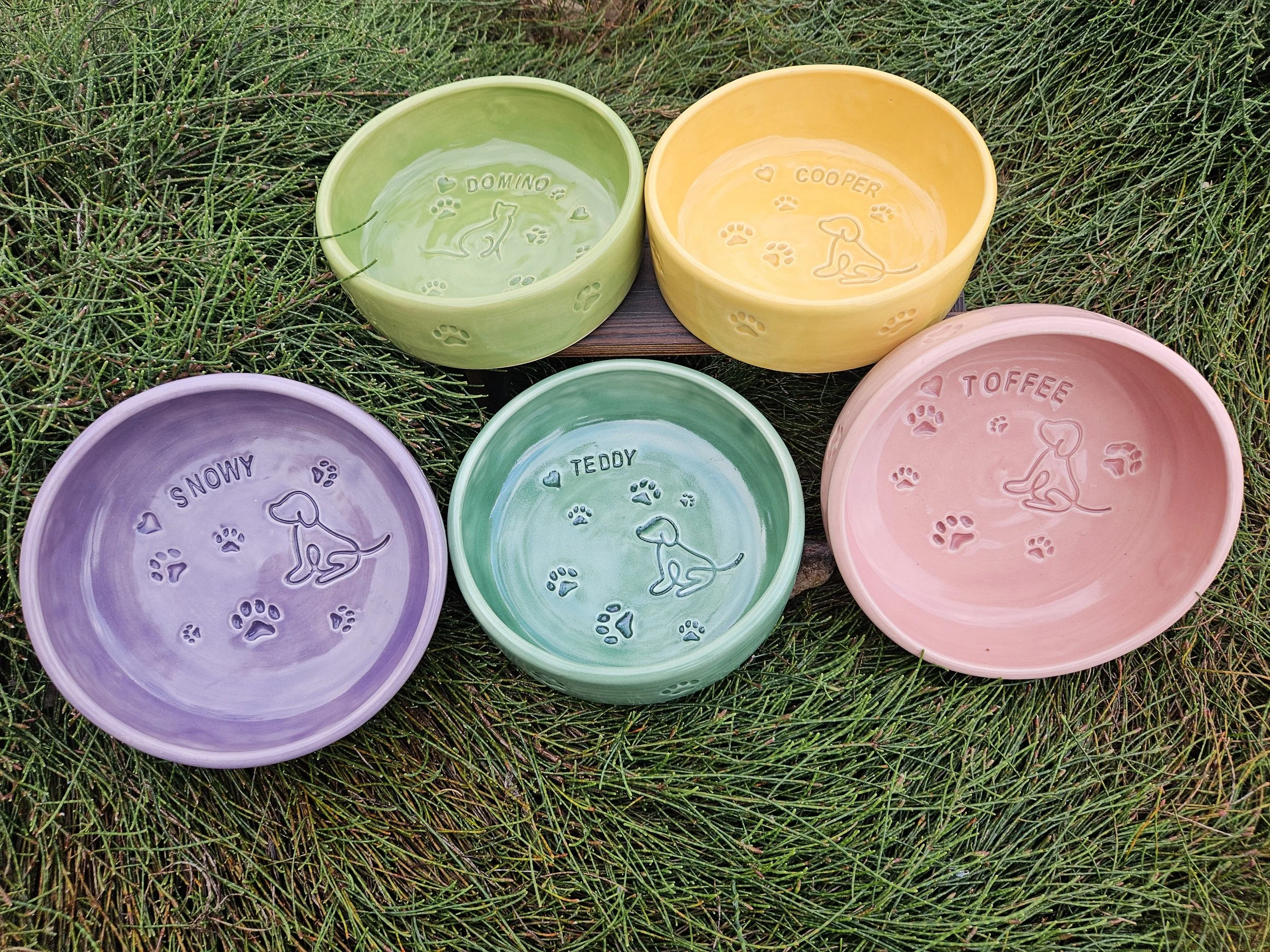 Furry Freeloaders -Stoneware Personalized Medium Pet Bowls.