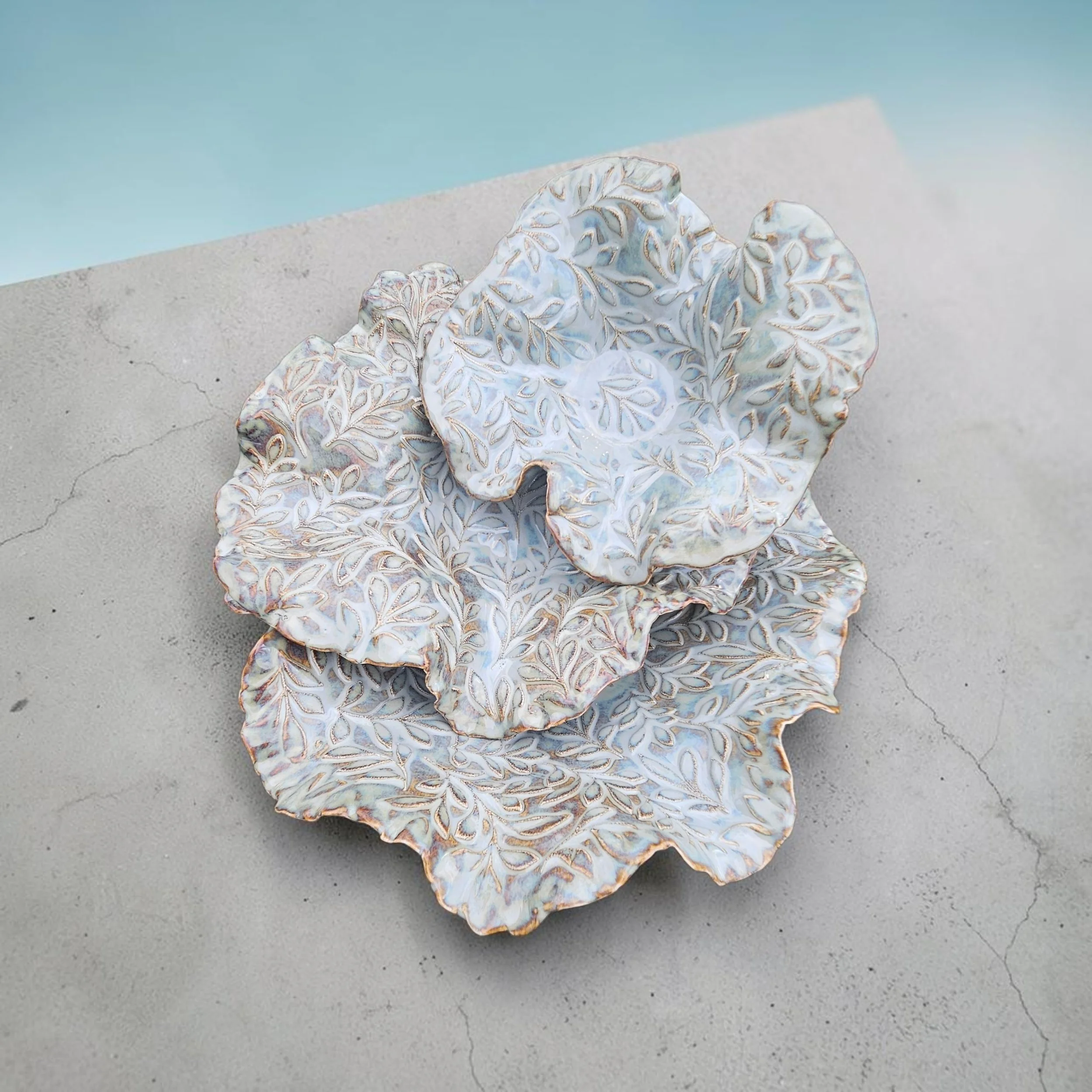 Textured Decorative Serving Plates / Bowls set of 3 - Hand built