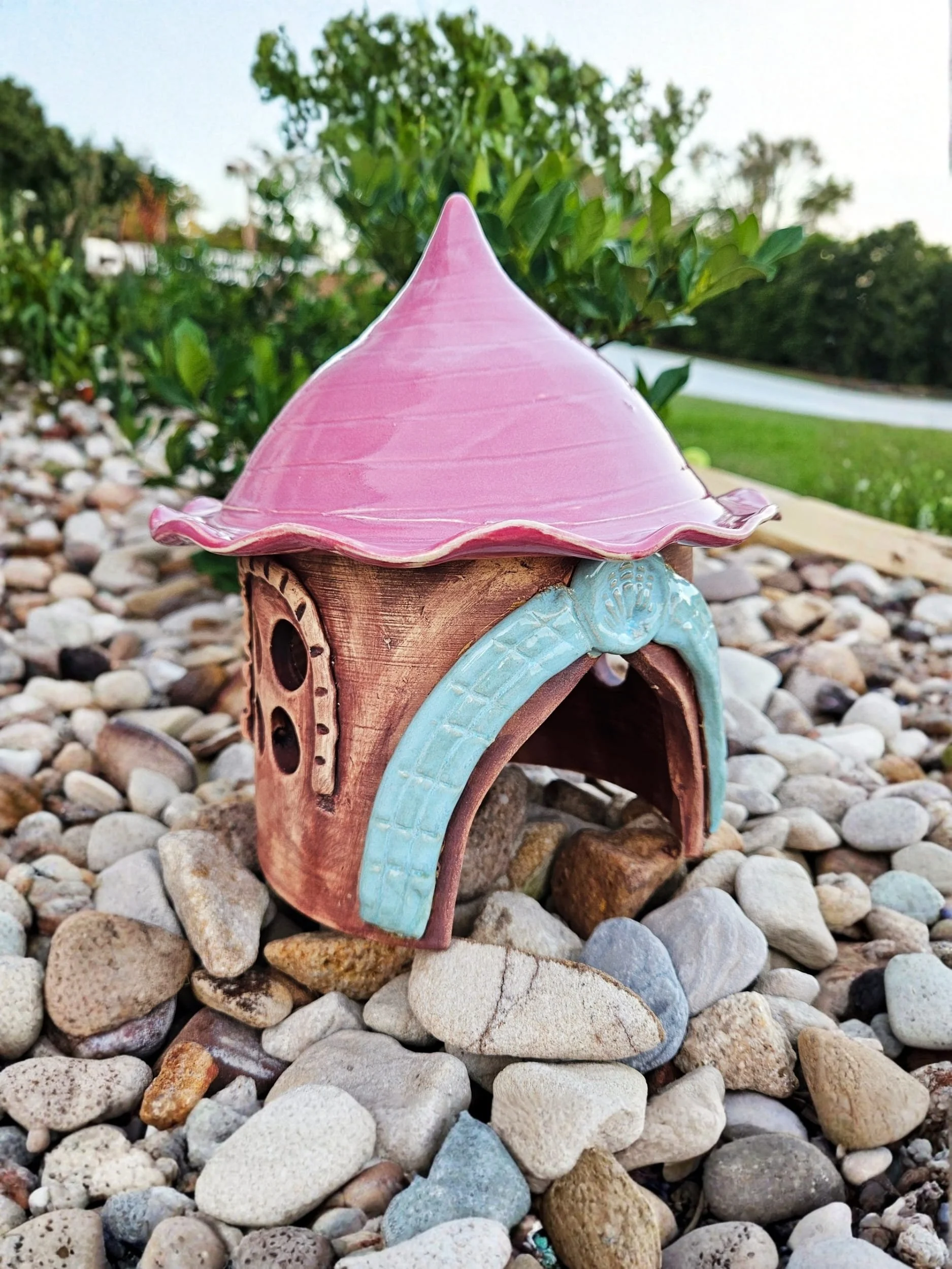 Handmade small pottery fairy house