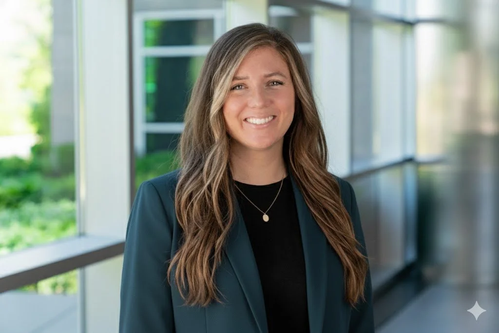 A photo of Maddi Aki, marketing expert with long wavy hair in a dark blazer standing in a bright corridor with large windows showing greenery outside.