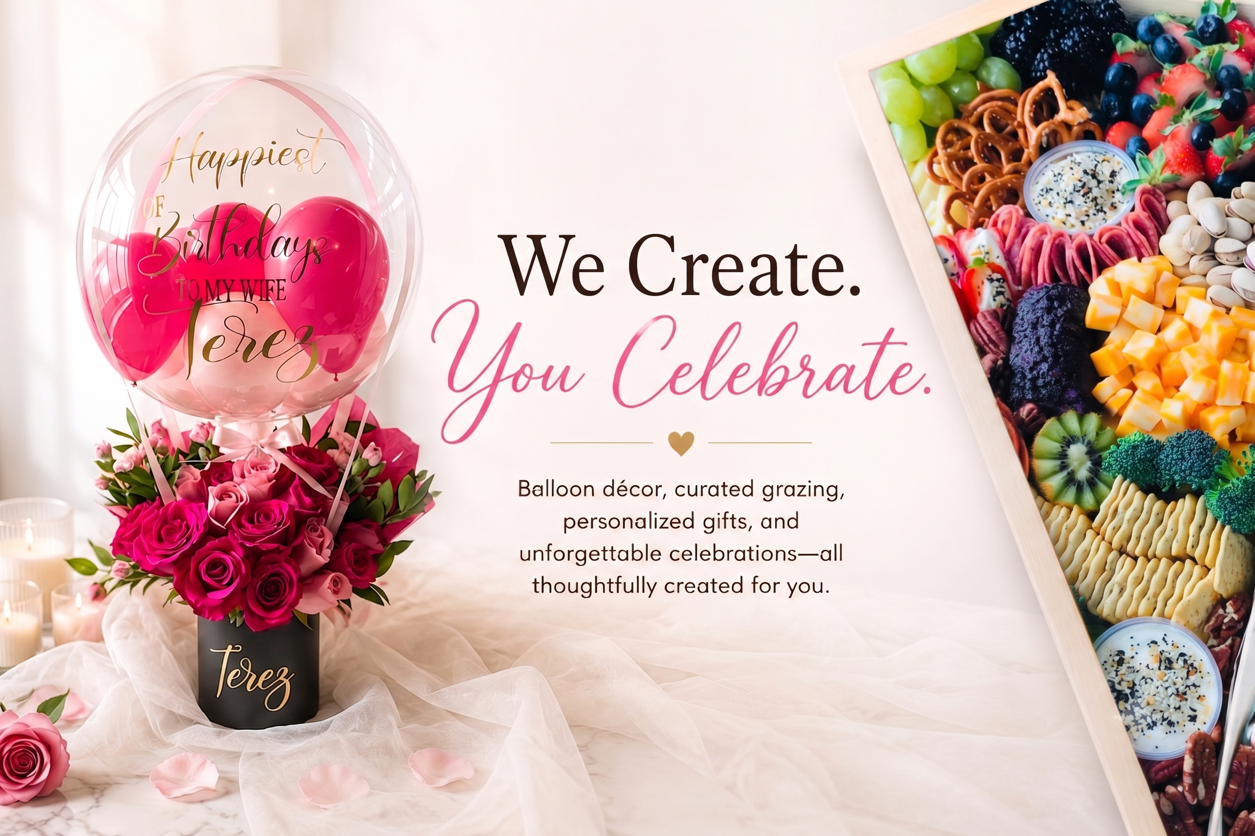 Personalized hot air balloon floral gift and gourmet graze tray by Balloon Bar Bahamas and Bites We Like in Nassau, Bahamas.