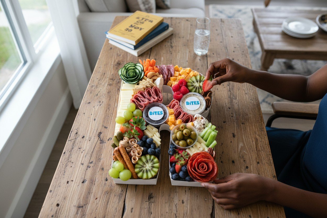 Hand reaching for a strawberry from an assorted graze box tablescape by Bites We Like in Nassau, Bahamas.