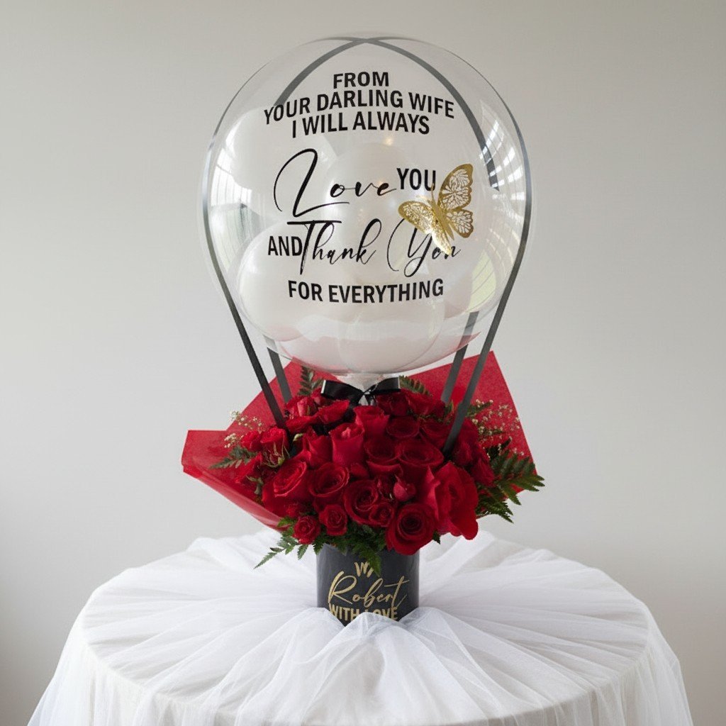 Romantic balloon gift with fresh flowers for anniversaries, proposals and special occasions in Nassau.