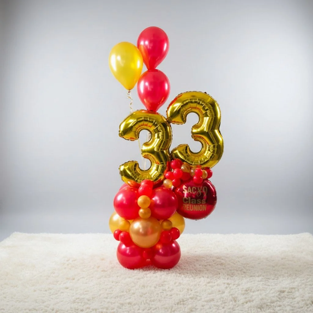 Custom balloon number stacks for birthdays and milestone celebrations in Nassau.