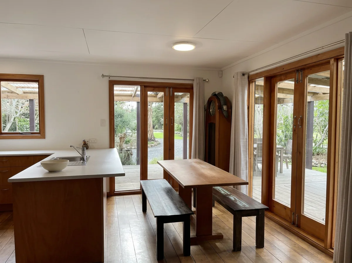 Interior of the villa showing a kitchen and dining area with wooden floor, cabinets, a white countertop with a bowl and sink, and large sliding glass doors leading to an outdoor deck and yard.