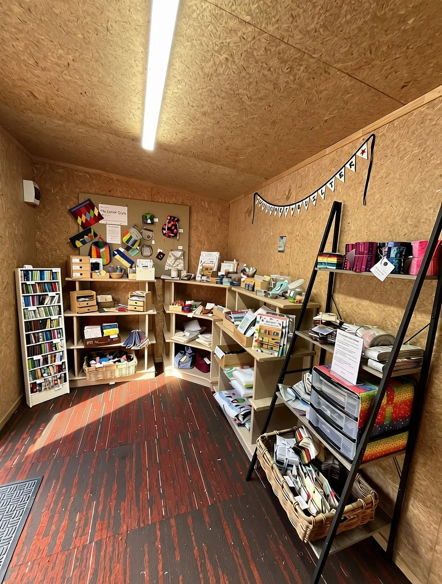 Display of various handcrafted accessories and supplies in a small store or craft shop, including shelves with containers, baskets, and colorful products.