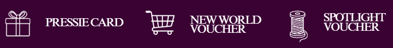 Icons representing a gift box, shopping cart, world voucher, and spool of thread with text labels for each voucher type.