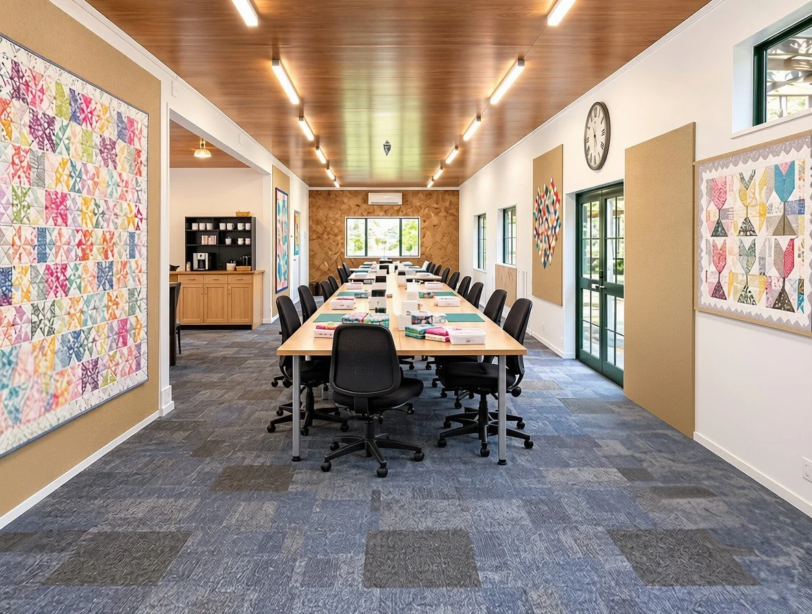 The venue with a long center table, black office chairs, colorful quilts on the walls, and large windows allowing natural light.