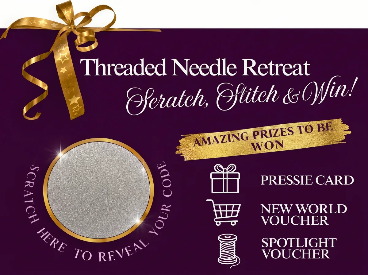 Promotional graphic for 'Threaded Needle Retreat' featuring a purple background, gold ribbon, and text about a stitch and win contest with prizes including a pressie card, New World voucher, and spotlight voucher; empty silver circle for scratch-off reveal.
