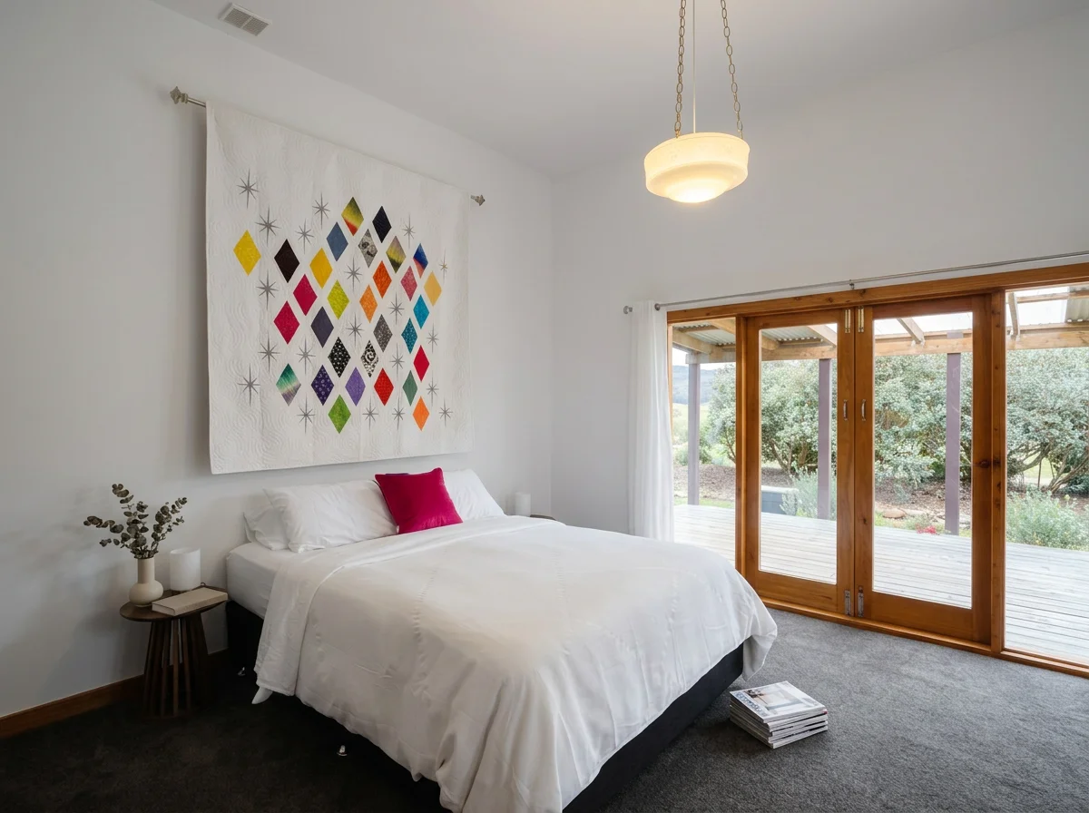 A bedroom with white walls, a bed with white bedding and a pink pillow, a small side table with a vase and candles, wall artwork with colorful geometric shapes, large glass sliding doors leading to an outdoor deck, and a ceiling light fixture.