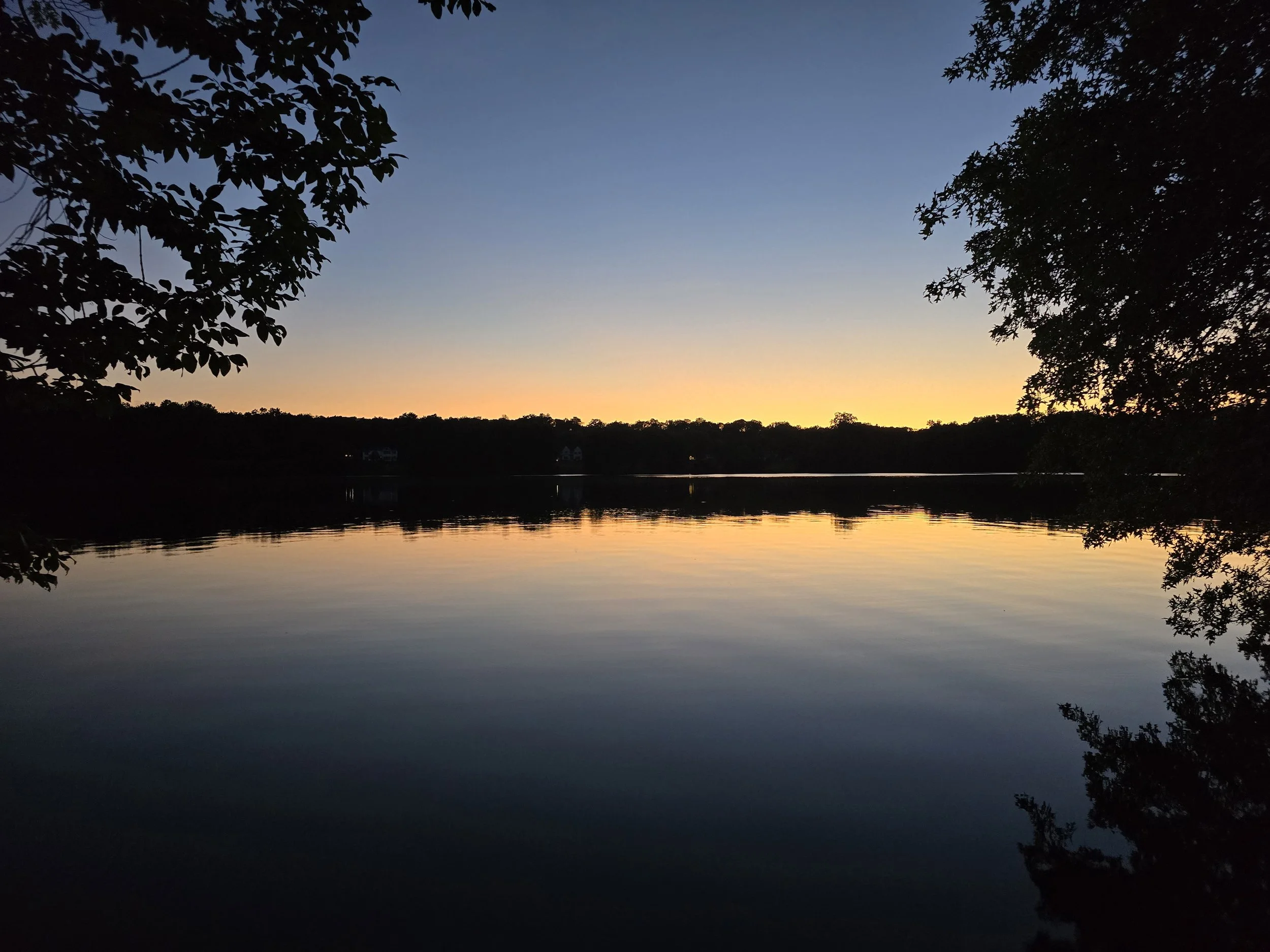 Sunset over private lake at The Little Dog Retreat, Hudson Valley NY