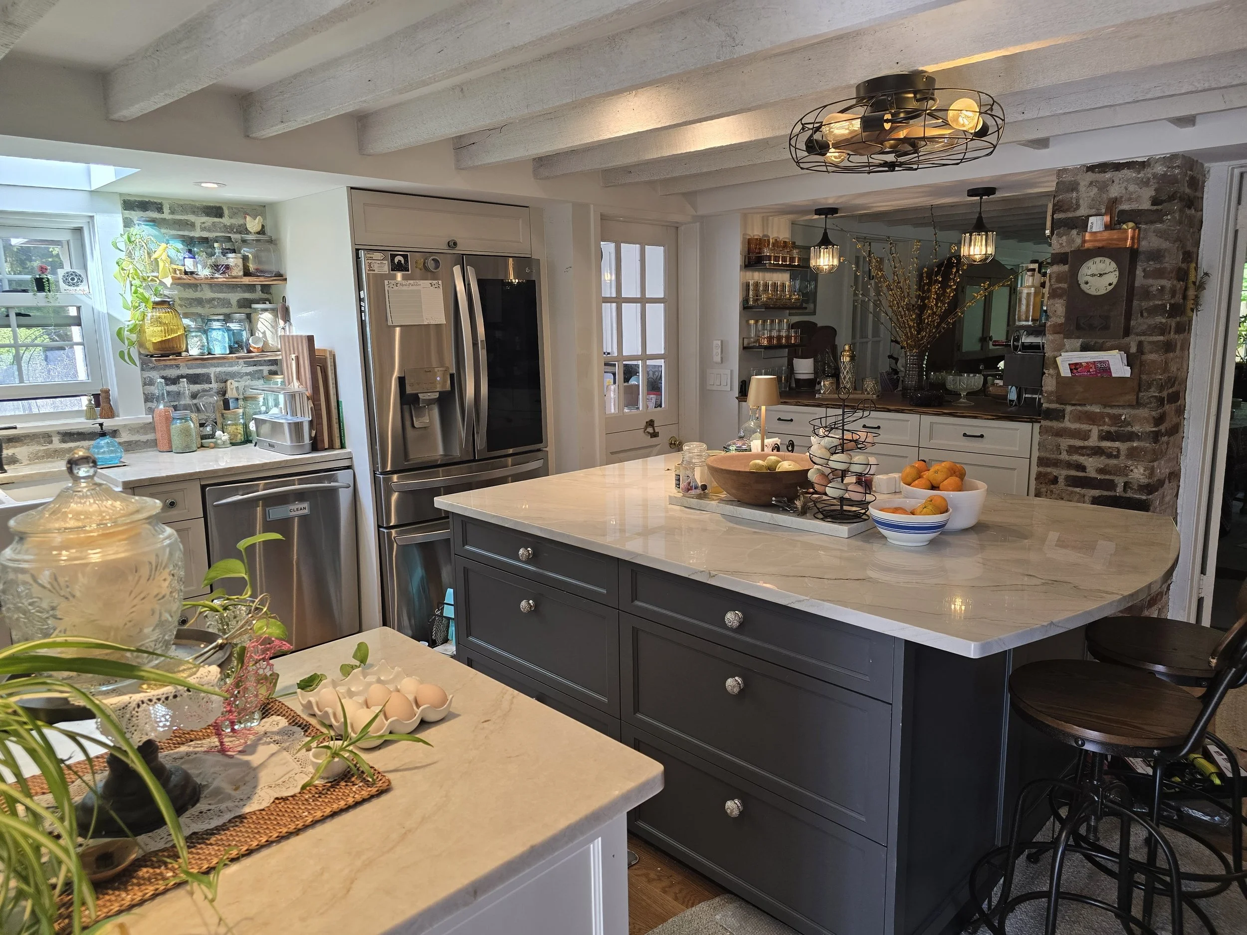Kitchen with exposed beams at The Little Dog Retreat boarding, Upstate NY