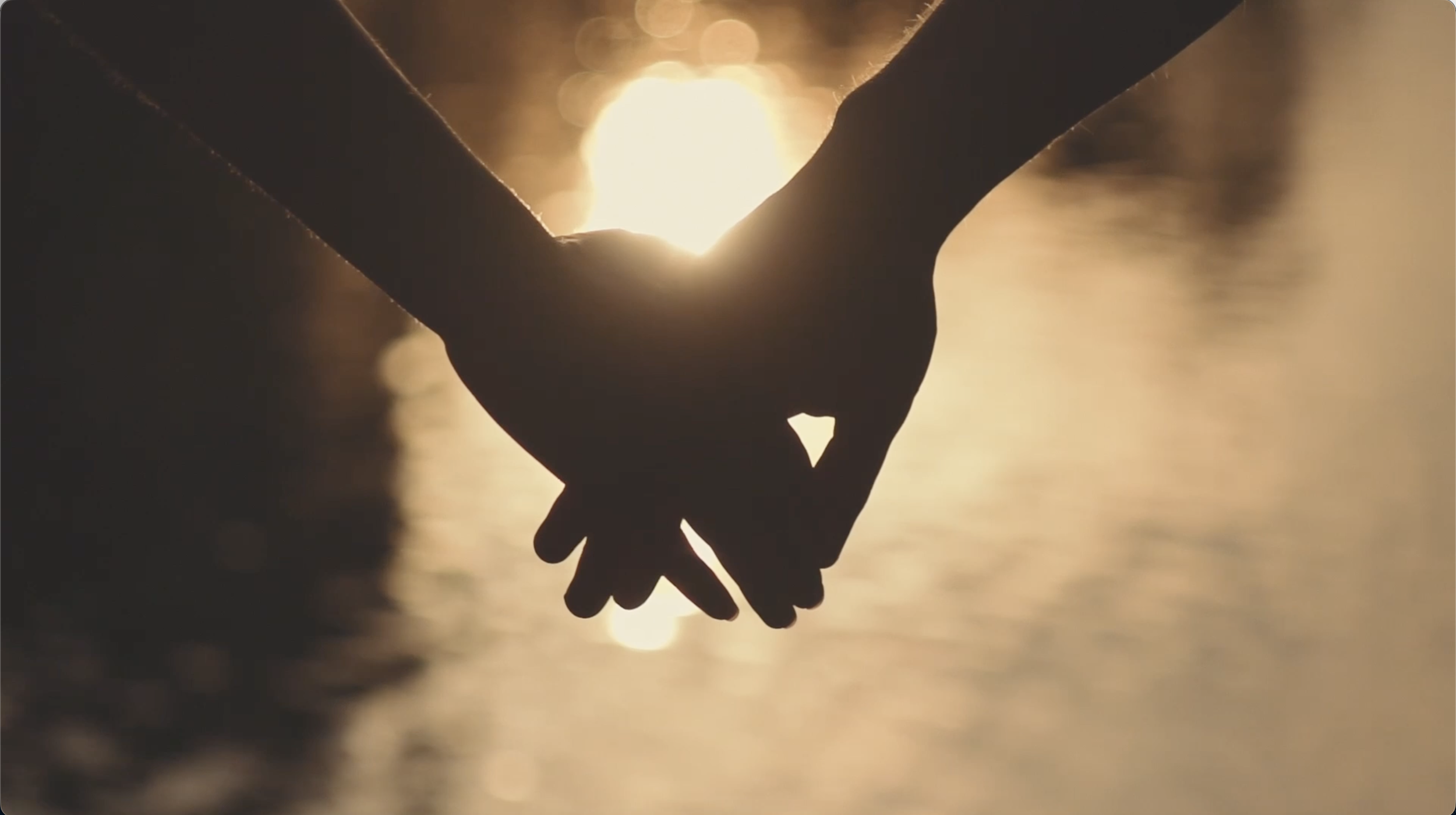 Silhouette of two people holding hands near water with the sun setting in the background.