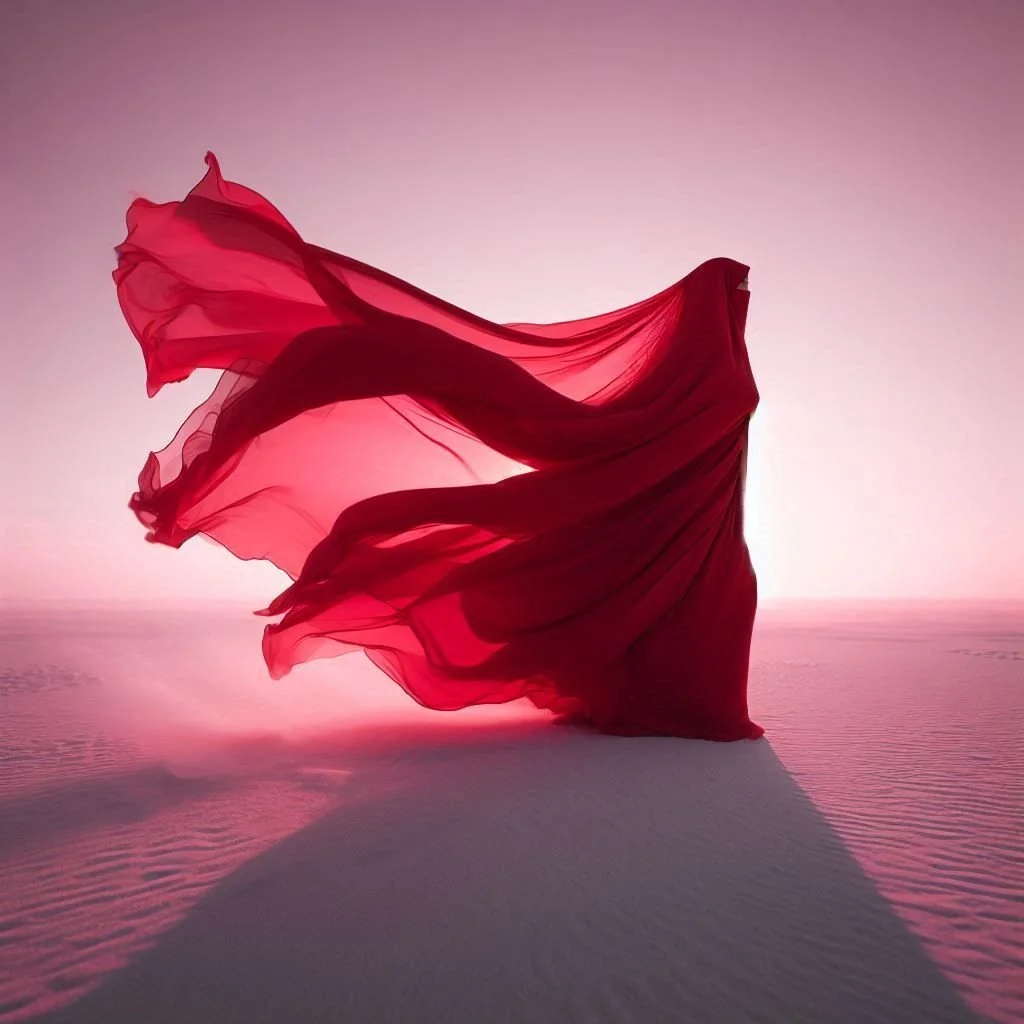 Flowing red fabric waving in the wind on a pink and purple sky background with a shadow on sand.