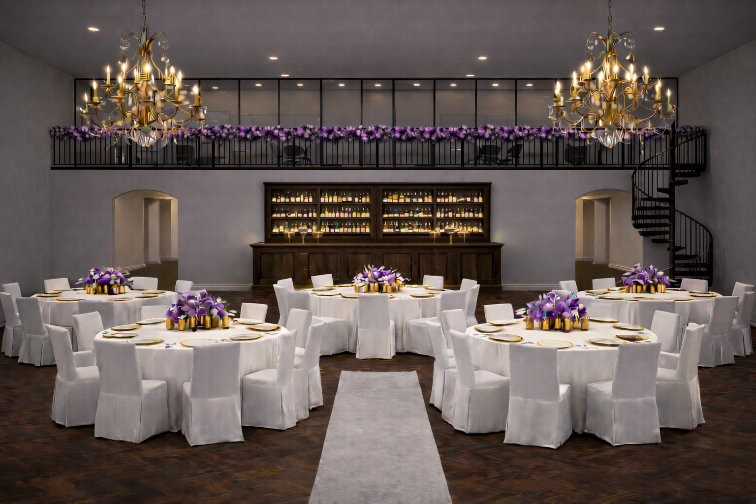 Elegant banquet hall setup with four round tables draped in white cloth, each with purple floral centerpieces and gold accents. A gray carpet runs down the middle. The background features a bar with shelves of bottles and two large chandeliers hanging from the ceiling. Purple flowers adorn a railing on the upper level, accessible via a spiral staircase on the right.
