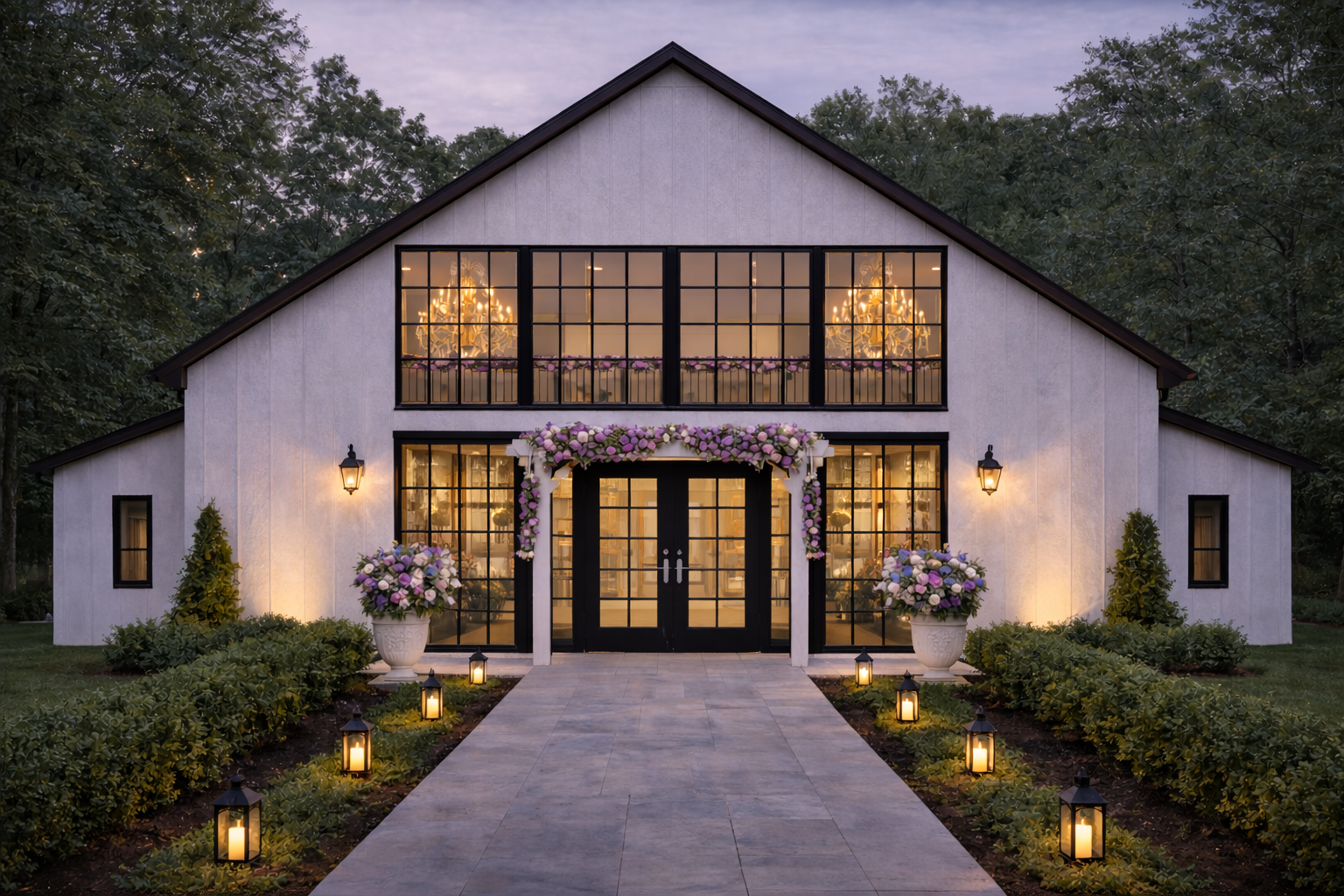 A modern white two-story house decorated with flowers and illuminated with outdoor lighting, leading to a garden pathway at dusk.