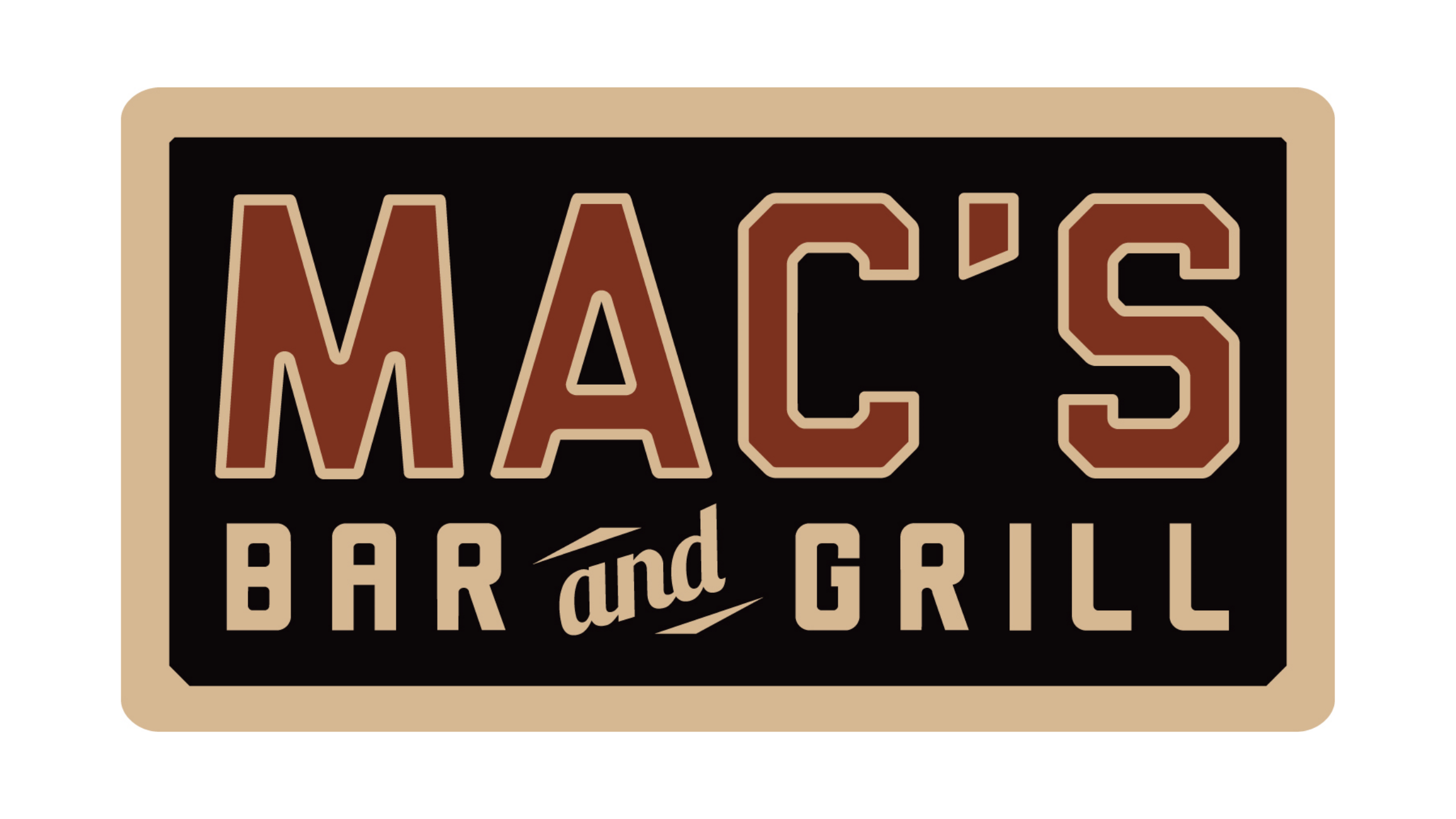 Logo for Macs Bar and Grill with a beige border, black background, and brown and beige text.