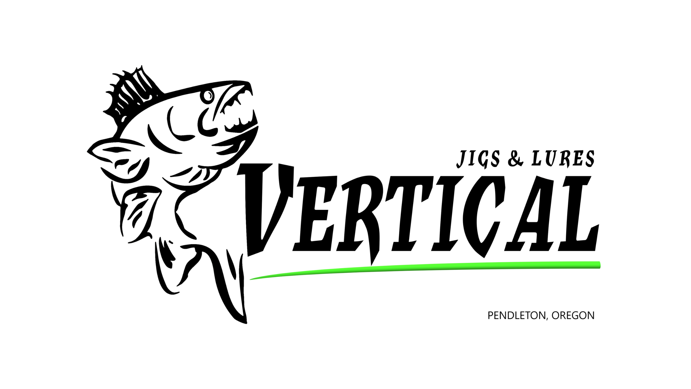 Logo for Vertical Jigs & Lures. A fish illustration with an open mouth, below, with 'Pendleton, Oregon' at the bottom.
