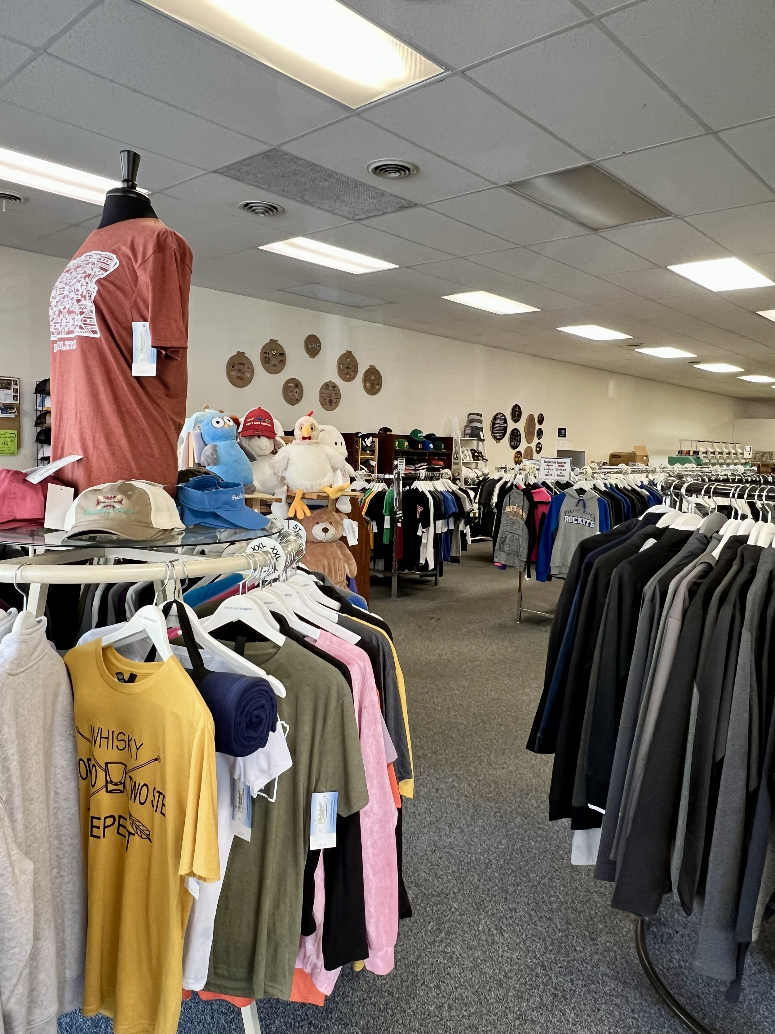 Clothing store with racks of T-shirts and sweatshirts, plush toys on a shelf, and wall decor in the background.