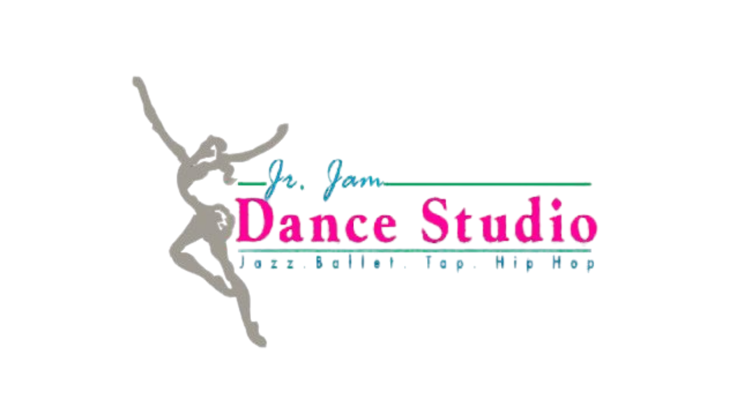 A neon sign with a white silhouette of a dancer on the left and colorful text reading 'Jr Jam Dance Studio'