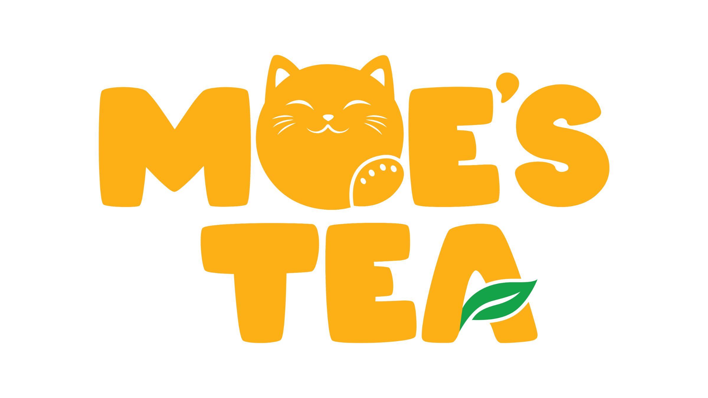 Logo MOE'S TEA in large, bold yellow letters. The letter 'O' in MOE'S is stylized as a smiling cat's face with closed eyes, whiskers, and ears. There are two green leaves at the bottom of the text.