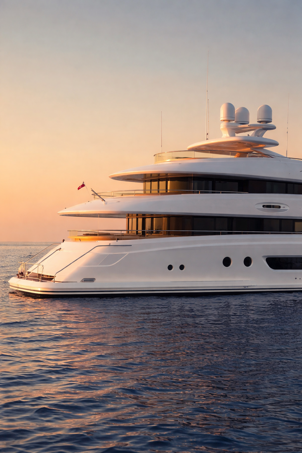 Luxury white yacht on calm water during sunset