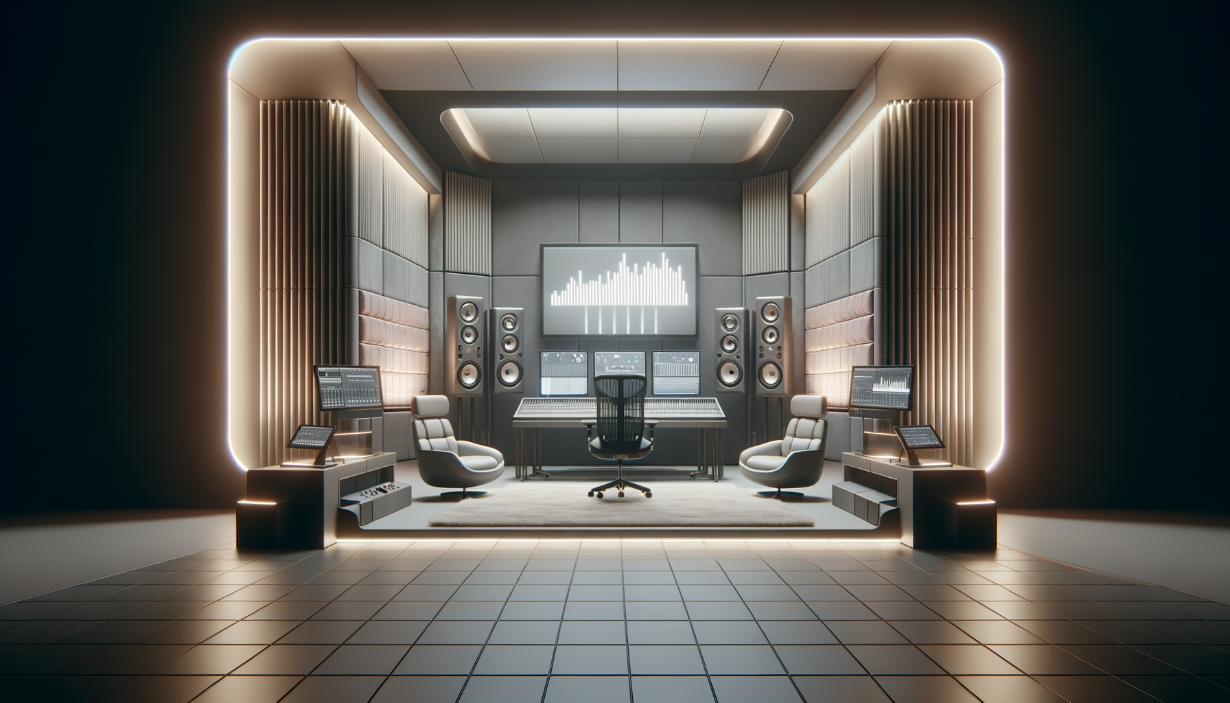 Modern recording studio with mixing console, two lounge chairs, large speakers, and computer monitors, illuminated with ambient lighting.