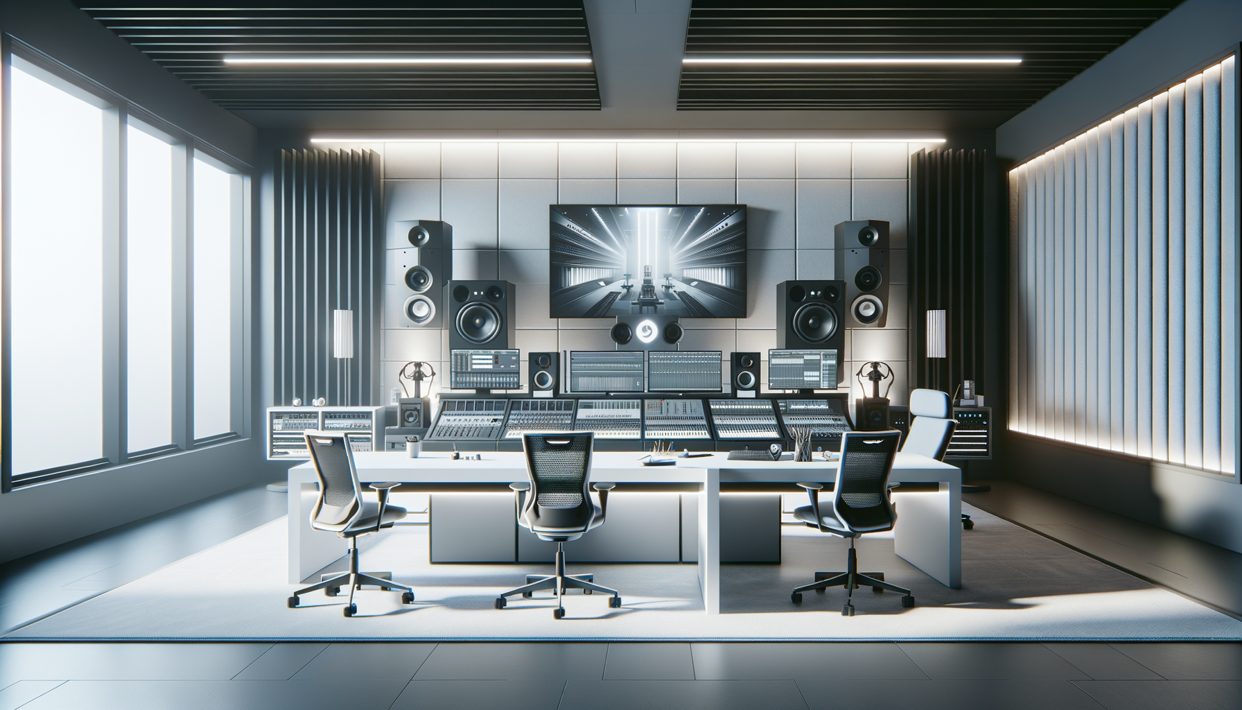 Modern professional music recording studio with large mixing console, multiple monitors, speakers, and chairs, illuminated by natural light from large windows.
